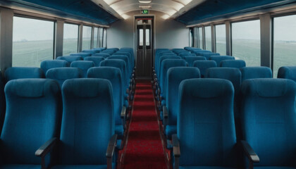 Fototapeta premium An image of a train cars interior, featuring empty blue seats facing large windows. A red carpet aisle runs down the center of the car