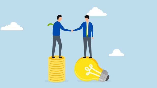 Idea pitching, businessman standing with light bulb idea, 4k animation of  shaking hands with VC on stack of coins.