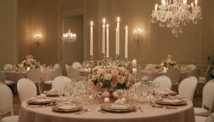 A beautifully set table for a wedding reception, featuring a floral centerpiece with pink roses and candles, surrounded by white chairs in a spacious room