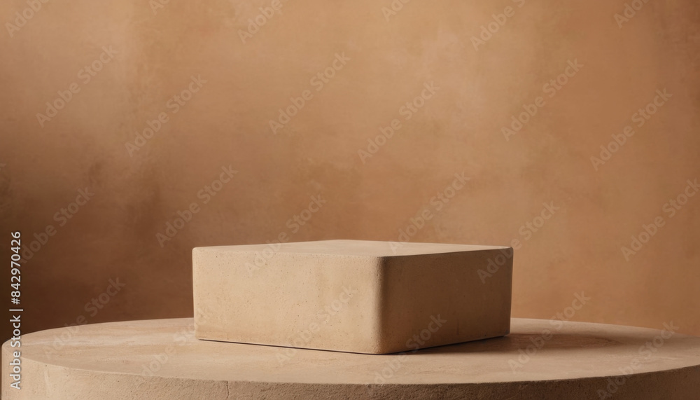 Poster a rectangular beige platform sits atop a round pedestal against a tan wall. the platform is made of 