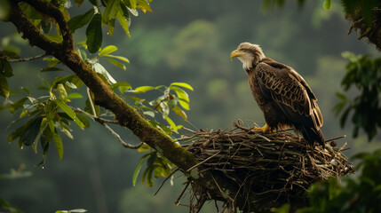 A majestic eagle perched in its sturdy nest on a leafy tree branch, Ai Generated Images