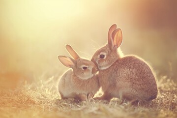 Fototapeta premium Two cute rabbits hugging in the middle of an empty field, with a warm background and beige tones. There is a natural light bokeh effect and natural lighting, and the overall mood is happy and joyful.