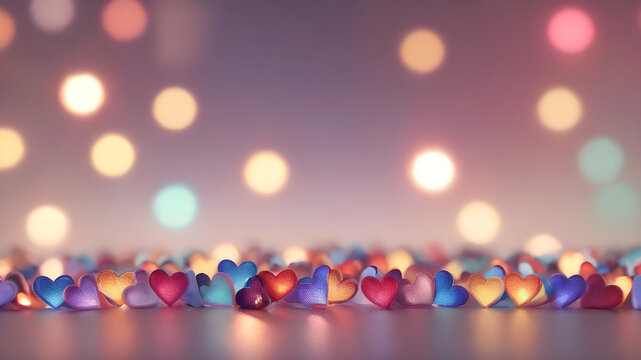  Love symbol heart shpaes in  colorful bokeh lights, concept for Valentine's Day, wedding etc. AI generated image