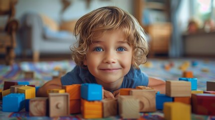 A cheerful child with curly blond hair lying on the floor amongst colorful toy blocks and smiling at the camera