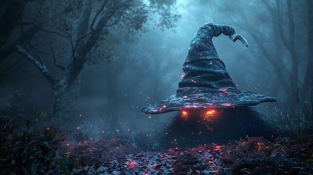 Long, glowing wizard hat in dark foggy forest, fantasy Halloween setting, eerie atmosphere, magical and horror elements 8K , high-resolution, ultra HD,up32K HD