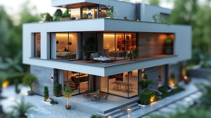 A two-story modern home at dusk with interior and exterior lighting on display