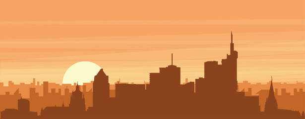 Brown panoramic poster of the city skyline with misty background buildings, sunrise, clouds and mountains of FRANKFURT, GERMANY
