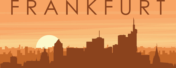 Brown panoramic poster of the city skyline with misty background buildings, sunrise, clouds and mountains of FRANKFURT, GERMANY