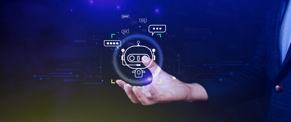 Businessman using for digital chatbot, robot application, conversation assistant, AI Artificial Intelligence concept, digital chatbot on virtual screen.