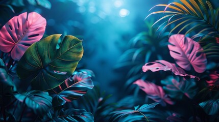 Surreal blue lighting enchants tropical leaves, giving the image an otherworldly essence perfect for mystical or fantasy-themed projects