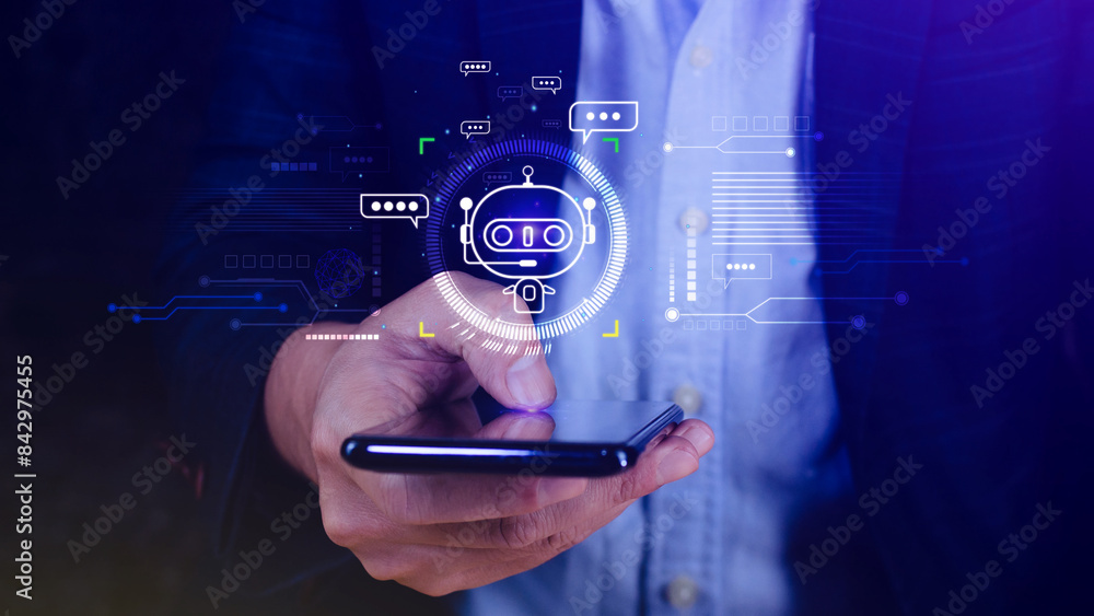 Aufkleber businessman using smartphone for digital chatbot, robot application, conversation assistant, ai arti