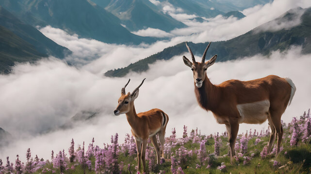 Gazelle mother and baby in a floral pasture in nature.