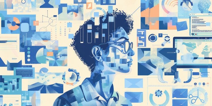 The illustration shows a man wearing glasses with a background of many screens showing lines of computer code.