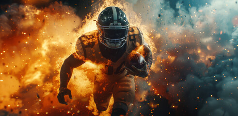 Fototapeta premium A powerful American football player charges forward with the ball against a backdrop of explosive flames, showcasing dynamic action and intense energy.