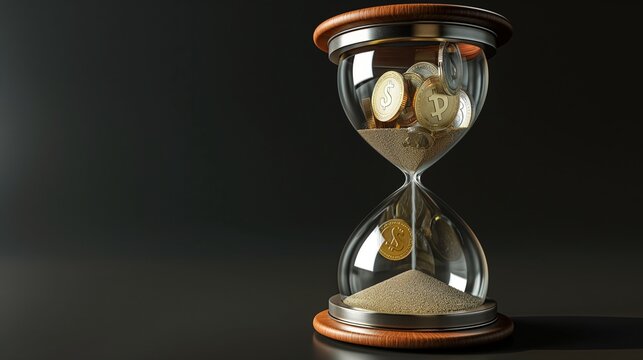 A 3D hourglass with coins instead of sand, illustrating the concept of time value of money in investments.