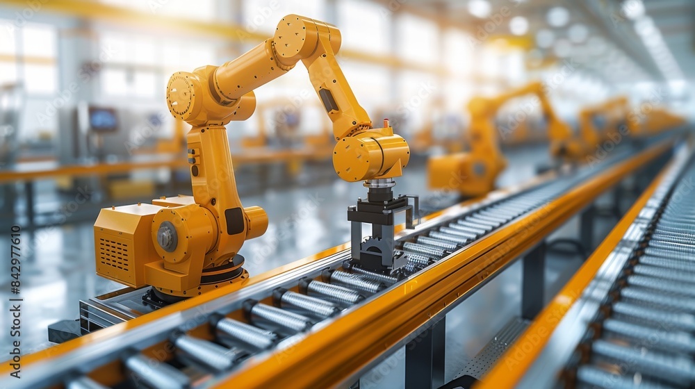 Poster an industrial robotic arm sorting products on an assembly line in a modern factory