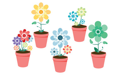 Vibrant cartoon flowers in pink pots. Vector illustration on white background