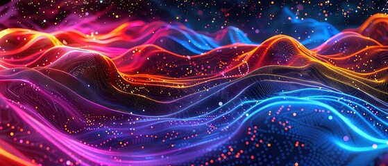 A cosmic landscape of swirling neon waves and particles