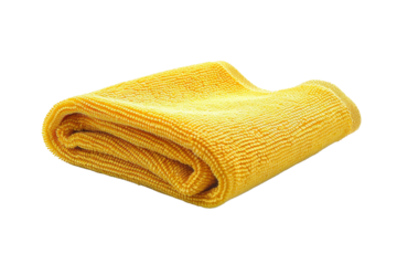 Clean and bright yellow microfiber cloth folded neatly against a transparent background. Ideal for cleaning and polishing surfaces.