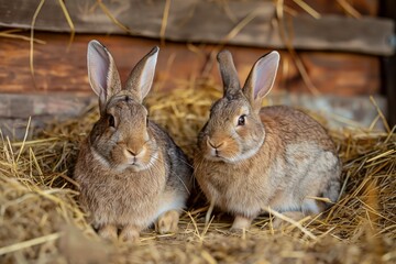 Obraz premium Portrait photo of two rabbits sitting in hay, looking at the camera. There is a shallow depth of field, natural light, and a soft focus.