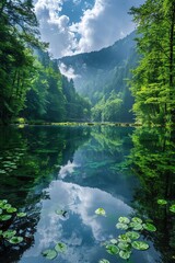 Generate a high quality photo of a mountain lake surrounded by a lush green forest