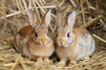 Fototapeta premium Portrait photo of two rabbits sitting in hay, looking at the camera. There is a shallow depth of field, natural light, and a soft focus.