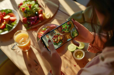 A person taking an Instagram photo of their lunch on the table, featuring vibrant fruits and vegetables in a salad with orange juice