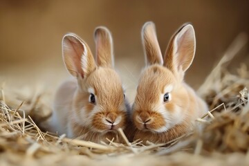 Obraz premium Portrait photo of two rabbits sitting in hay, looking at the camera. There is a shallow depth of field, natural light, and a soft focus.