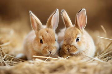Obraz premium Portrait photo of two rabbits sitting in hay, looking at the camera. There is a shallow depth of field, natural light, and a soft focus.