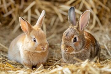 Fototapeta premium Portrait photo of two rabbits sitting in hay, looking at the camera. There is a shallow depth of field, natural light, and a soft focus.