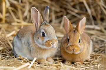 Fototapeta premium Portrait photo of two rabbits sitting in hay, looking at the camera. There is a shallow depth of field, natural light, and a soft focus.