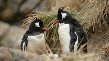 Naklejka premium Rockhopper Penguin pair on Bleaker Island part of the Falkland Islands