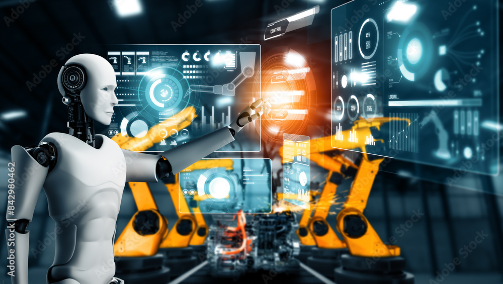 Poster mlp mechanized industry robot and robotic arms for assembly in factory production. concept of artifi