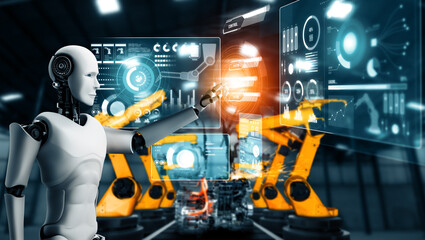 MLP Mechanized industry robot and robotic arms for assembly in factory production. Concept of...