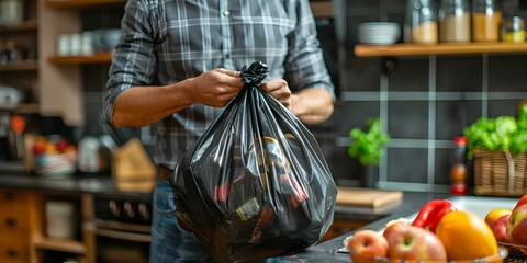 Man taking out full garbage bag in kitchen. Concept Household Chores, Cleaning Routine, Waste Management, Household Tasks, Kitchen Organization