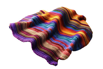 Colorful, hand-knitted blanket with vibrant stripes in various hues, perfect for cozy home decor or crafting inspiration.
