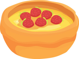 Custard dessert with fresh strawberries is served in a ceramic bowl