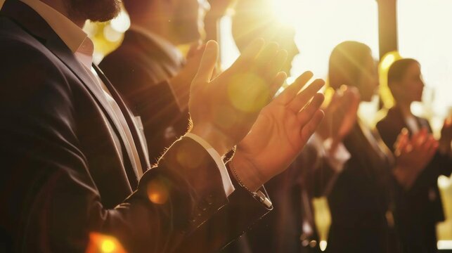 Blurred background of a team applauding a colleague receiving an award