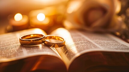 Image featuring two shimmering gold rings and a bible as a visual metaphor for the sacred union of marriage