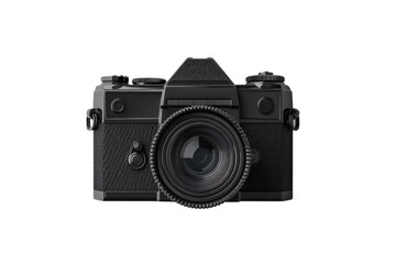 Close-up of a vintage black camera with a large lens, isolated on a transparent background. Ideal for photography, camera equipment, and nostalgic themes.