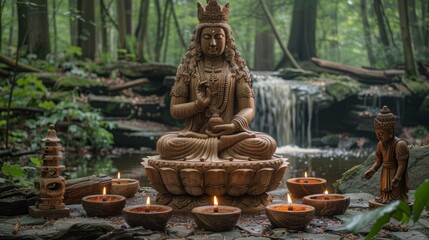 Serene outdoor setting featuring a Buddha statue surrounded by lit candles, with a peaceful forest and waterfall background.