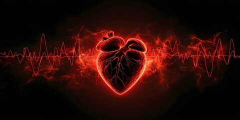 Abstract red pulse line in the shape of a human heart on black background. Concept Abstract Design, Red Pulse Line, Human Heart Shape, Black Background
