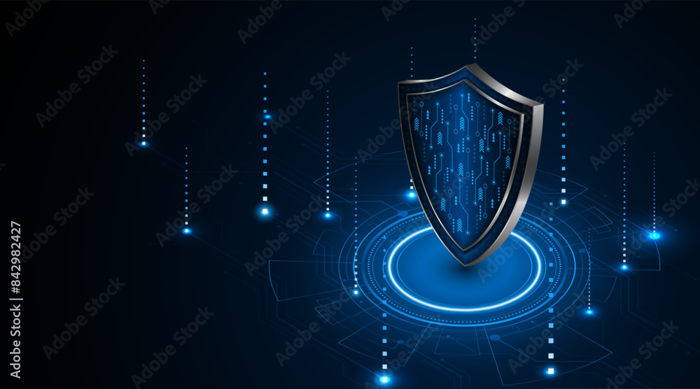 Poster abstract technology circuit board background with shield symbols concept of data protection and cybe