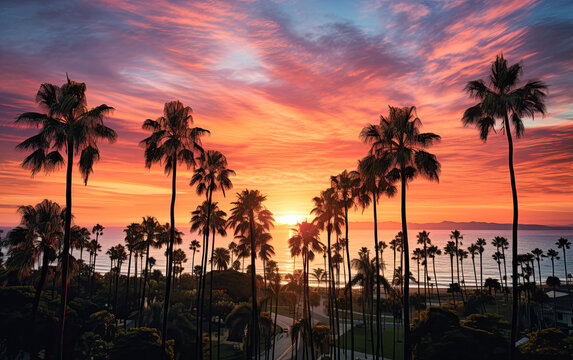 A beautiful sunset over the ocean with palm trees in the background