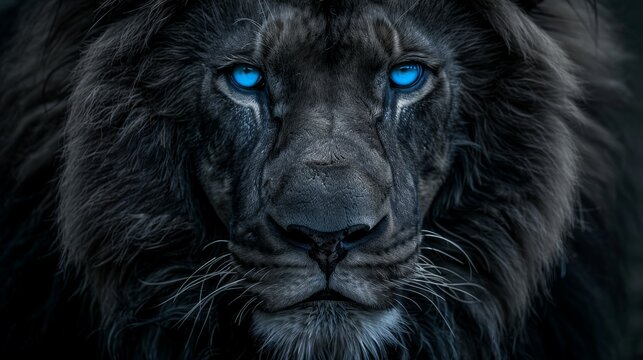 Close-up of a lion's face with a focus on its eyes. The lion has a dark, possibly black or charcoal grey mane, and striking blue eyes