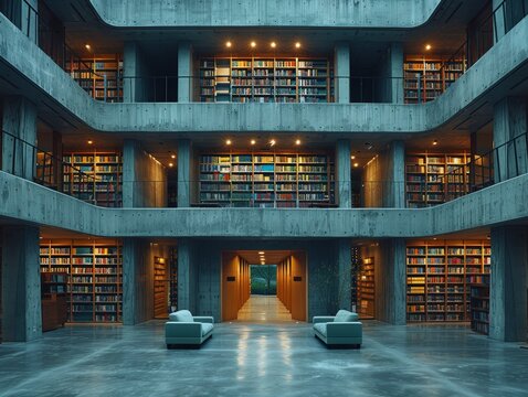 Modern multilevel library interior with bookshelves, cozy seating, and ambient lighting for a serene reading environment.