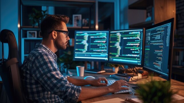 A software developer works on code late into the night, illuminated by the glow of multiple computer screens in a modern office. AIG41