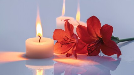 A white candle and a bright red flower on a snow-white background. The warm flickering candlelight gracefully illuminates the delicate petals of the flower, revealing their intricate details.