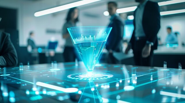 Sales team examining holographic sales funnel and performance metrics with blurred business holograms in background