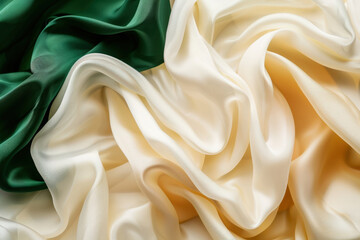 Obraz premium Luxurious green and beige satin fabric flows gracefully, adding elegance and sophistication to any design. Rich colors blend seamlessly, creating a stylish backdrop for creative projects
